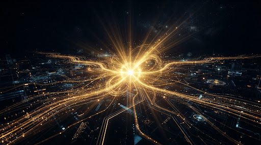 Wide cinematic view of high-tech digital intelligence landscape